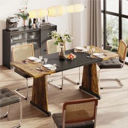70'' Wood Dining Tables with Metal Base For 6-8 People , Rectangle Kitchen Table For Dining Room Brown