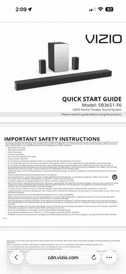 Vizio SB3651-F6 Sound Bar & Subwoofer