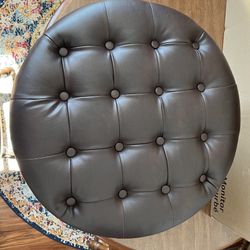 Homepop Home Decor | Large Button Tufted Faux Leather Round Storage Ottoman | Ottoman with Storage for Living Room & Bedroom (Distressed Brown)