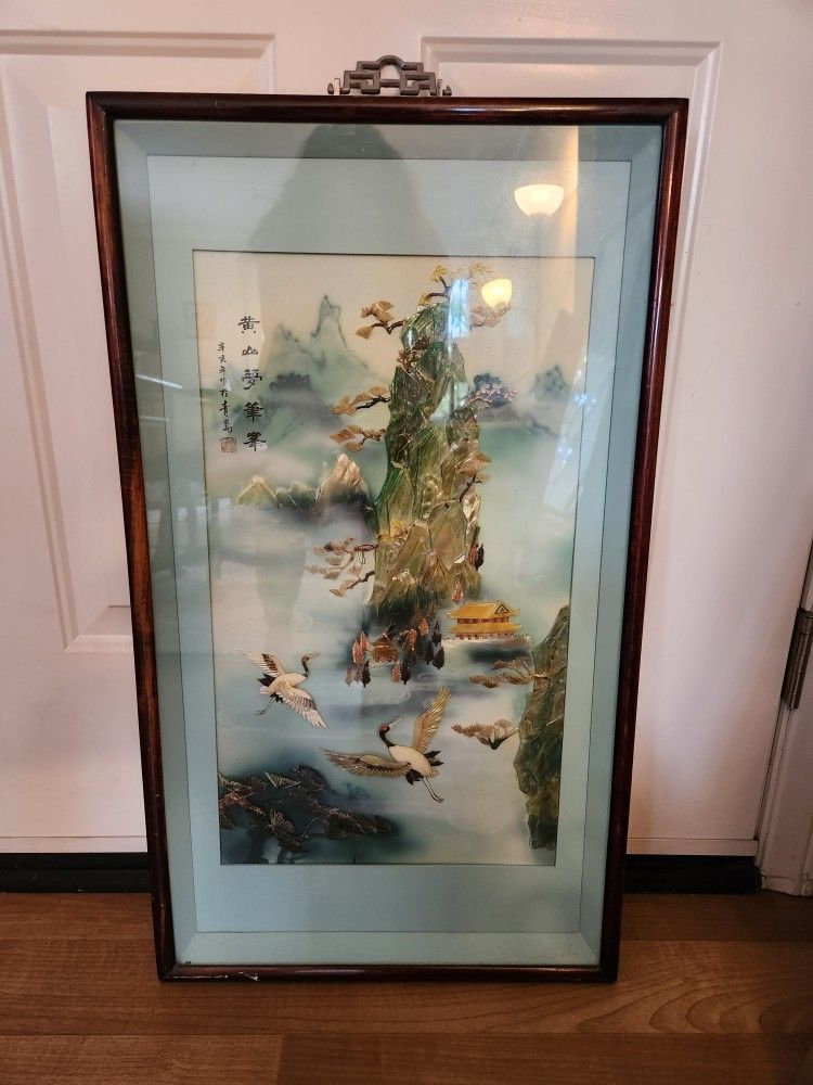.Vintage Large Chinese Shell Art Landscape Shadow Box Mother of Pearl