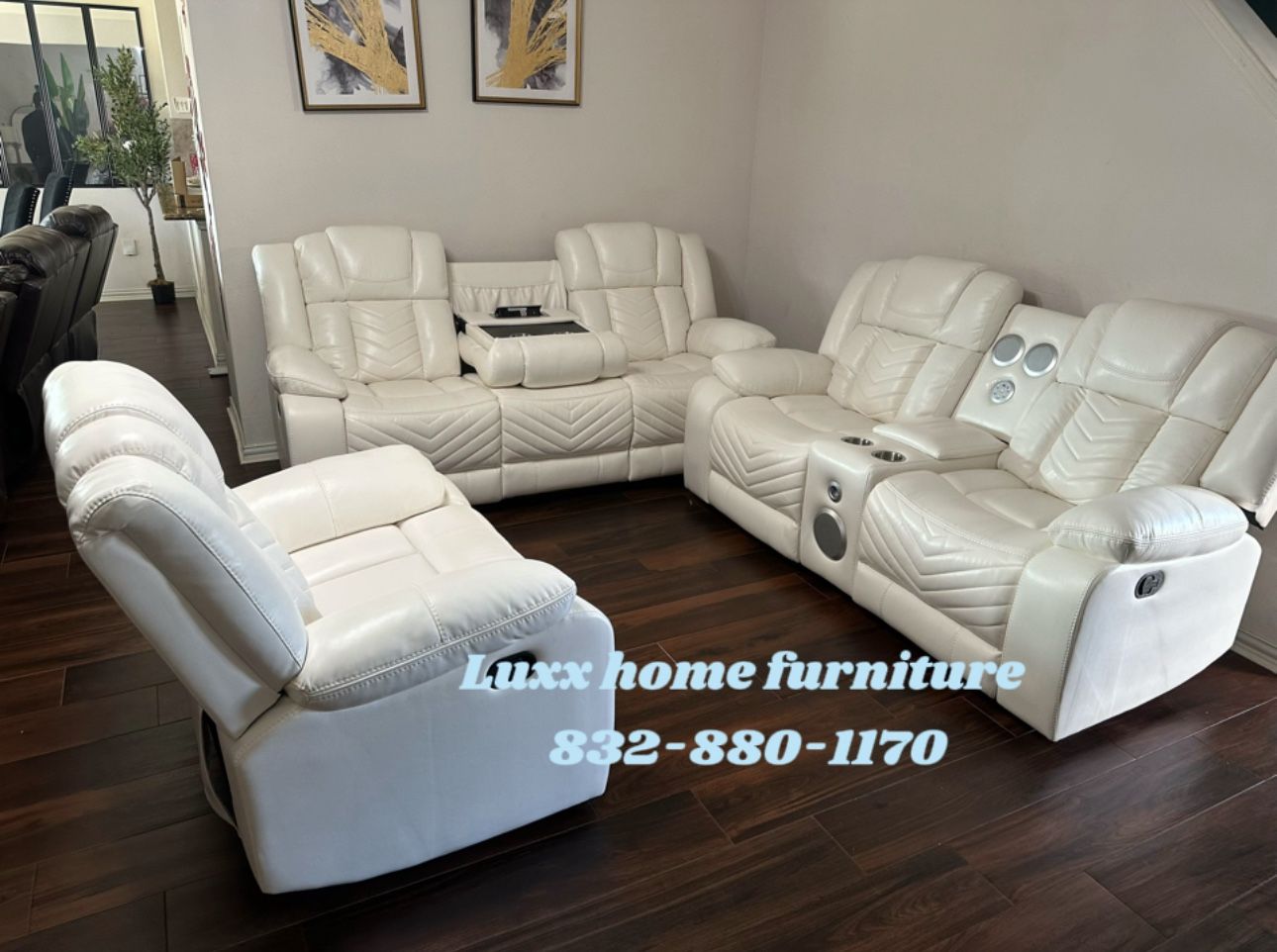 Brand New 3 Pieces Reclining White Bluetooth Speaker 🔊 Financing Available