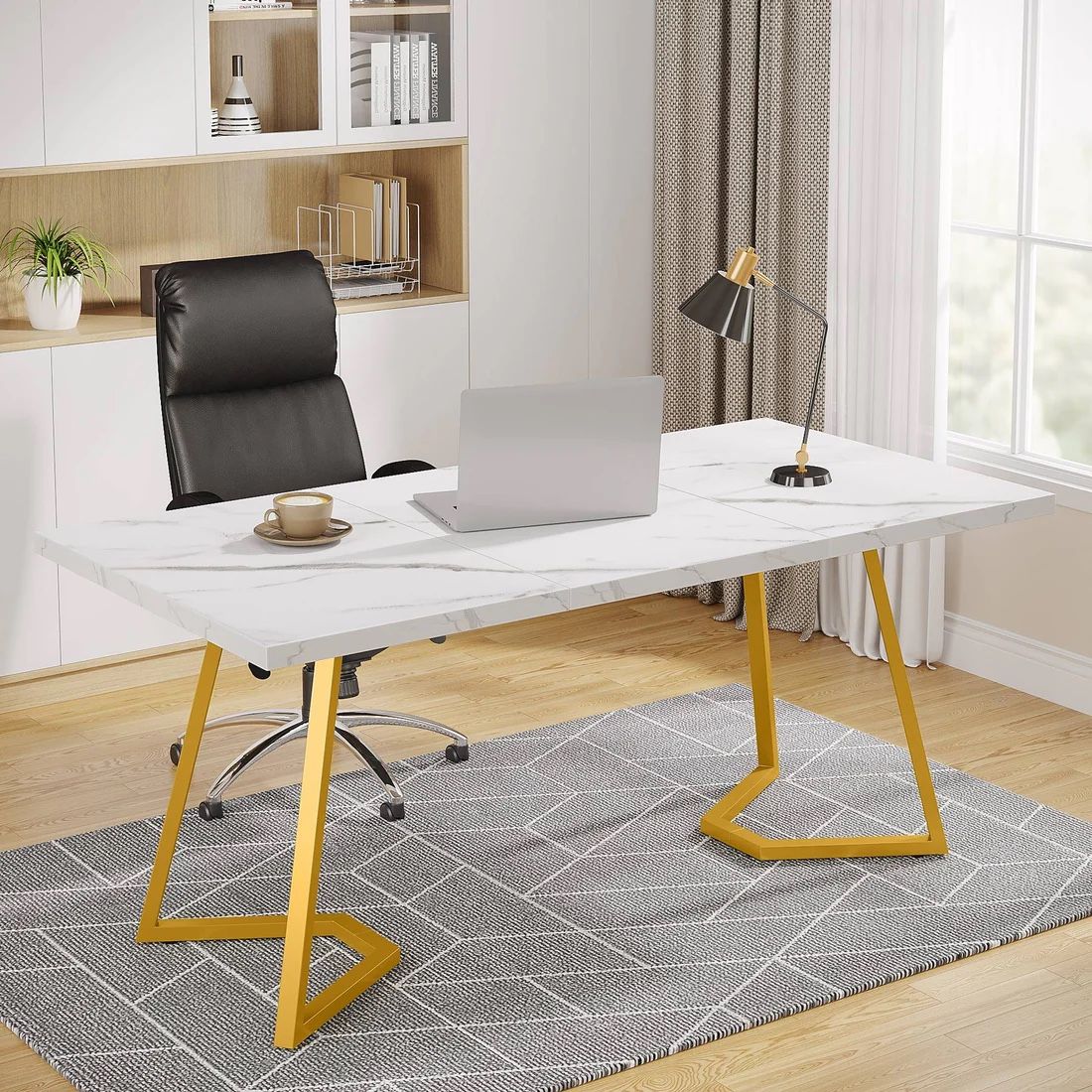 55" Computer Desk, Faux Marble Study Desk Office Table