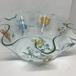 Floral Design Handkerchief Shaped Folded Glass Bowl Vintage 