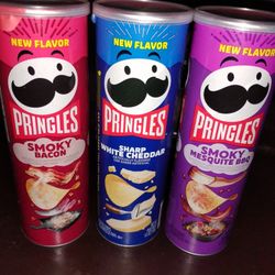 (3) Cans of Pringles! Smoky Bacon, Sharp Cheddar, Smoky Mesquite BBQ! 