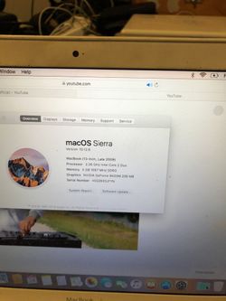 13 inches MacBook 2010 Version 10.12.6 macOS Sierra 250 GB hardrive 4 GB memory ram processor 2.26 GHz intel core 2 duo
