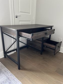 Sauder Steel River Desk in Carbon Oak and Black