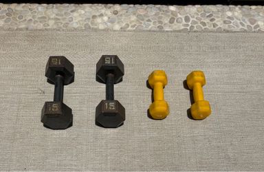 Dumbbells 2x 15 lbs, and 2x 5lbs