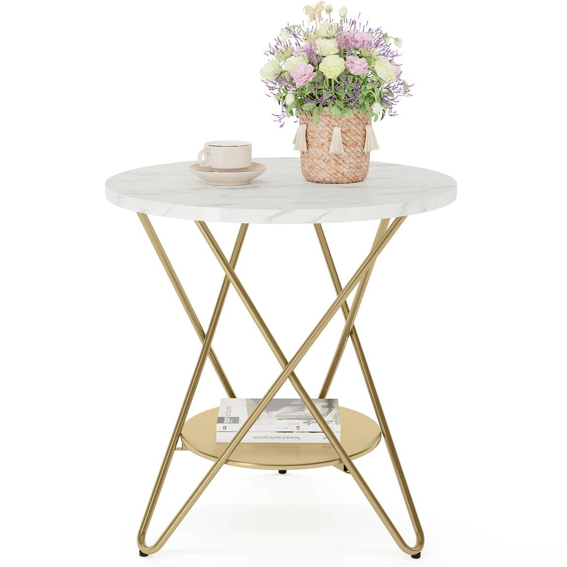 End Table, 20” Round Side Table Faux Marble Snack Table