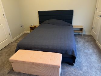 Queen Bed with 2 Night Stands, Mattress, and Storage Ottoman