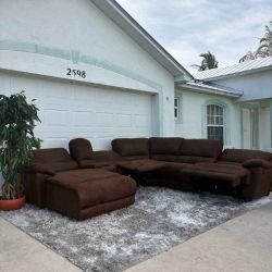 Brown Cheers Suede Modular Reclining Sectional with Chaise-DELIVERY AVAILABLE