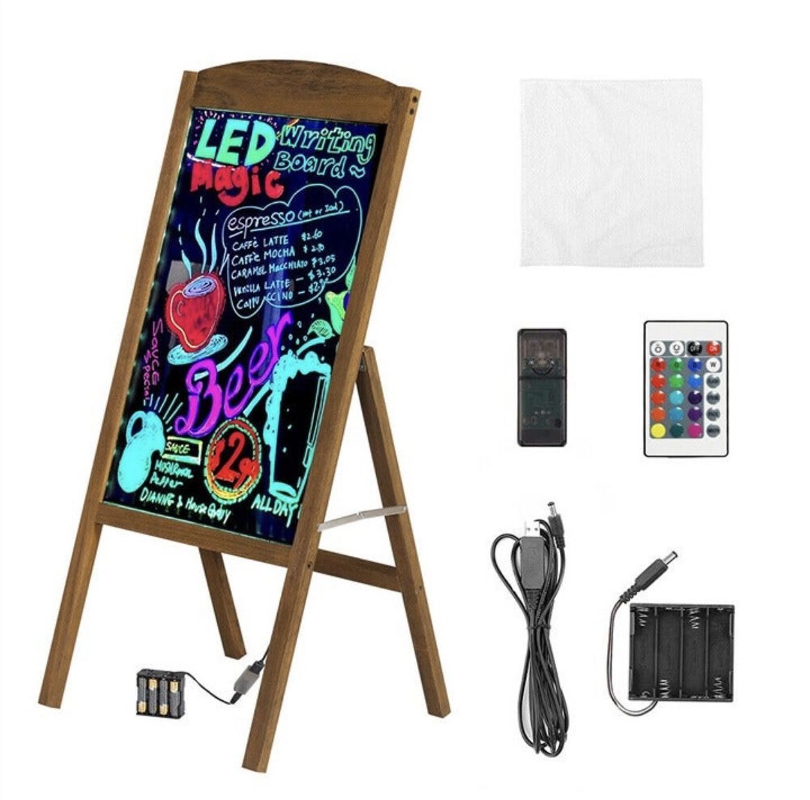 BORWART LED Drawing Chalk Board: Large Single Sided Glass Neon Sign with Stand