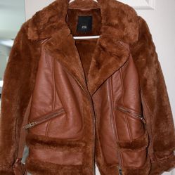 *ACCEPTING OFFERS* Women’s River Island Faux Fur & Leather Flight Burnt Orange Aviator Jacket  (6) M