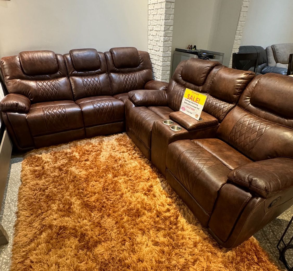 Summer sale event. Santiago brown leather reclining sofa and loveseat set now $1199. Easy finance option. Same day delivery.