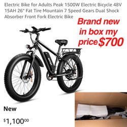 New in box Electric Bike for Adults Peak 1500W Electric Bicycle 48V 15AH 26" Fat Tire Mountain 7 Speed Gears Dual Shock Absorber Front Fork Electric B