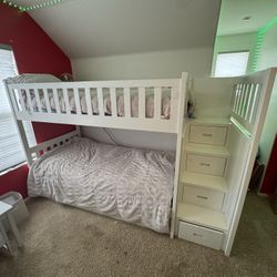 Kory White Wood Twin Over Twin Bunk Bed With Reversible Stairway Chest + Twin Trundle with Storage | Drawers - Sells New For $1200