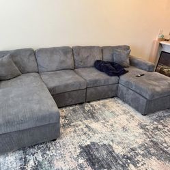 Brand New Grey Corduroy Double Chaise Sectional Sofa Couch (NEW IN BOXES)