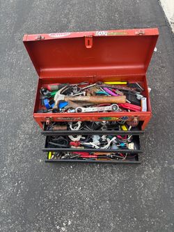 Vintage Metal Tool Box with Tools – 3 Drawers – Bicycle Stickers