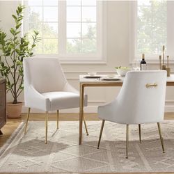 Two Modern medieval dining chairs restaurant chairs, soft cushions, plush velvet, polished gold metal legs, kitchen chairs