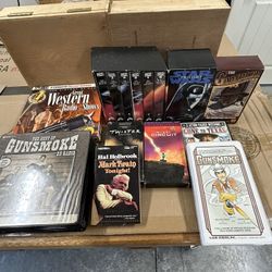 VHS Star Trek, Starwars Old time radio cassettes  Gunsmoke, Mark Twain 