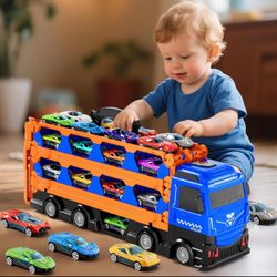 Car Truck Toys, 78-Inch Race Track Transport Truck Set with 24 Die-Cast Metal Cars, Foldable Carrier Toy for Kids 3-5, Christmas Birthday Gift for Tod