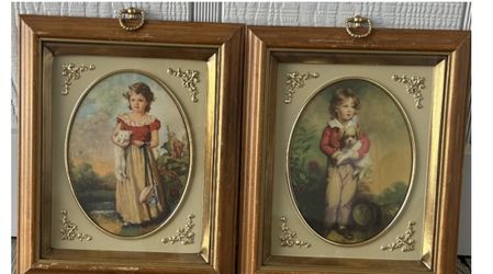 Vintage Turner Wall Accessory Pair - Oval Lithograph Portraits Boy with Puppy & Girl with Kitten