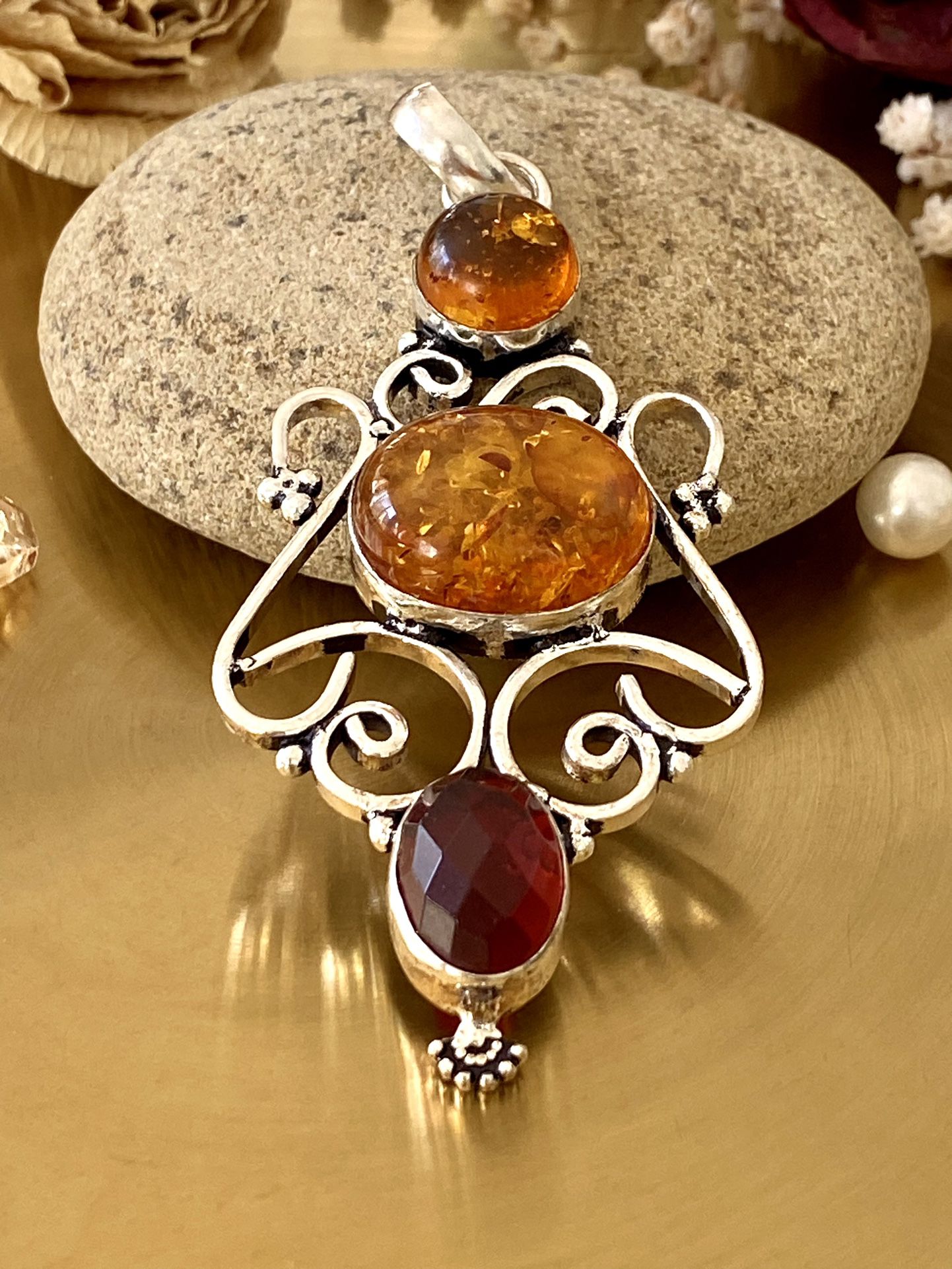 Baltic Amber And Garnet 925 Sterling Silver Overlay Handcrafted Pendant