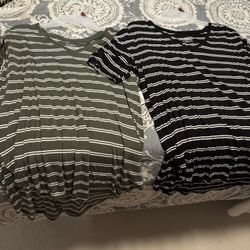Set Of Two Womens Small Black Green White Striped Shirts 
