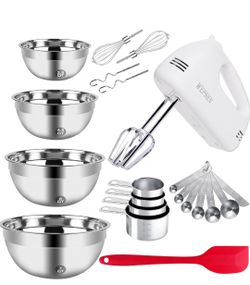 WEPSEN 5-Speed Electric Hand Mixer, 4 Large Mixing Bowls Set, Handheld Mixers with Whisks Beater, Stainless Steel Metal Nesting Bowl Measuring Cups Sp