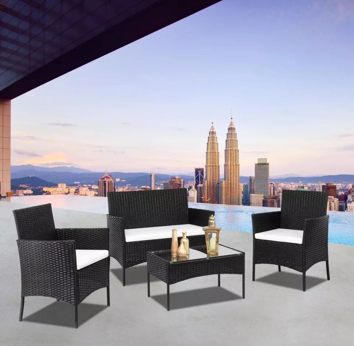4 PCS Outdoor Patio PE Rattan Wicker Table Set Sofa Furniture w/ Cushion Black