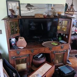 Antique Sideboard Hutch Buffet China Cupboard  Used As Tv Stand Dining Room Living Room Oak Heart Shaped Cut Outs Amber Glass Strapwork Metal Hardware