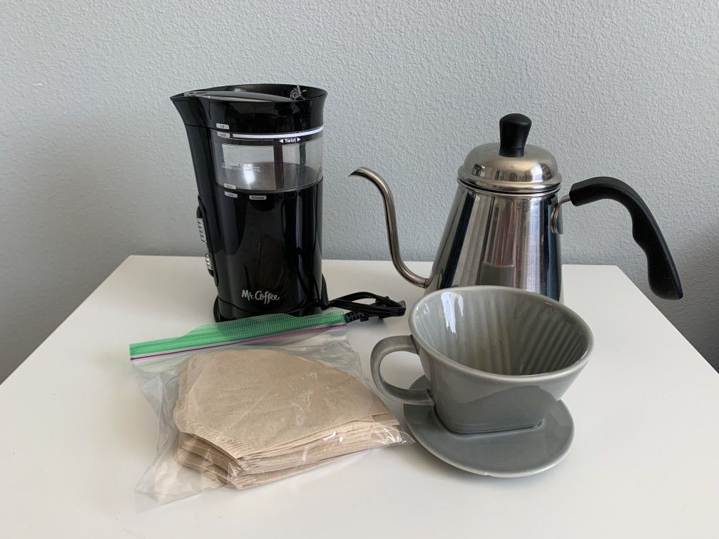 Pour Over Coffee Maker Setup-Coffer Grinder, Gooseneck Kettle, Ceramic Dripper and Filters