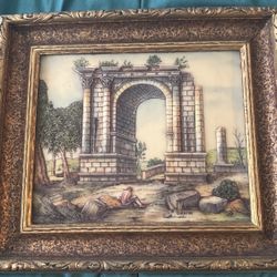Vintage Artini Engraving Handpainted Twin Etched FRAMED ART Arch