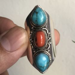 Sterling Silver Ring With Coral And Turquoise  Size 9 