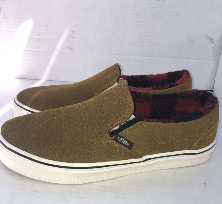 Vans Suede Slip-On Skate Shoes Red Buffalo Plaid Sherpa Lined Mens 8 Brown Tan