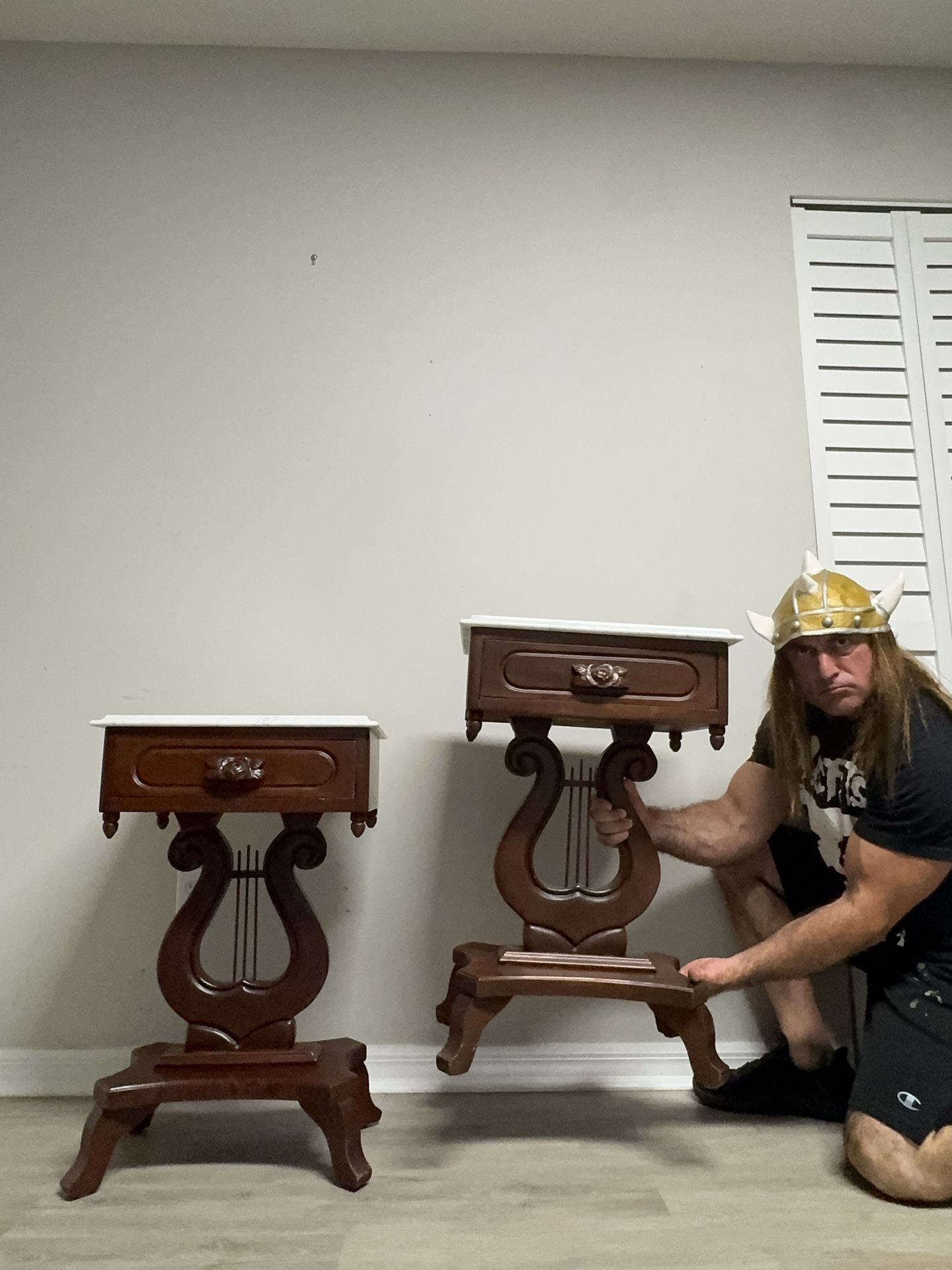 Beautiful Antique Rosewood Harp Tables Or Nightstands With Italian Marble Tops! CAN DELIVER!