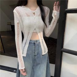 Ivory Lightweight Knit Button-Up Top | Distressed Detail | Women’s