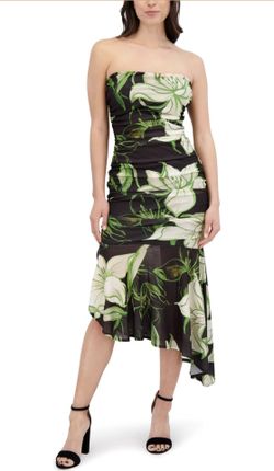 Siena Womens Removable Straps Bandeau Printed Stretch Mesh Asymmetrical Midi Dress  Color: Multi Size: 16  Fabric type Shell: 100% Poyetser; Lining: 1
