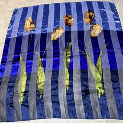 Vintage TULIP Design Scarf Silky Sheer Floral Thin Blue Scarf Stripe Women Shawl