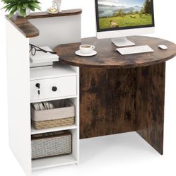 Round White Wood Desk, Reception Desk, Front Desk with Open Shelve