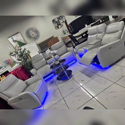 Power sofa loveaset and chair with 5 Recliners and LED