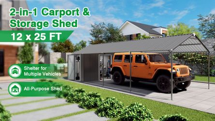 12x25 FT Galvanized Steel Carport with 12x20 FT Car Shelter & 12x5 FT Storage Shed, Heavy Duty Waterproof Snow Load Resistant Outdoor Garage for Car, 