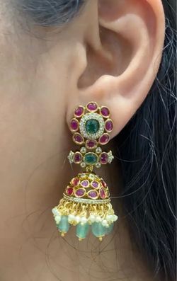 Gold-Tone Jhumka Earrings with Gemstones