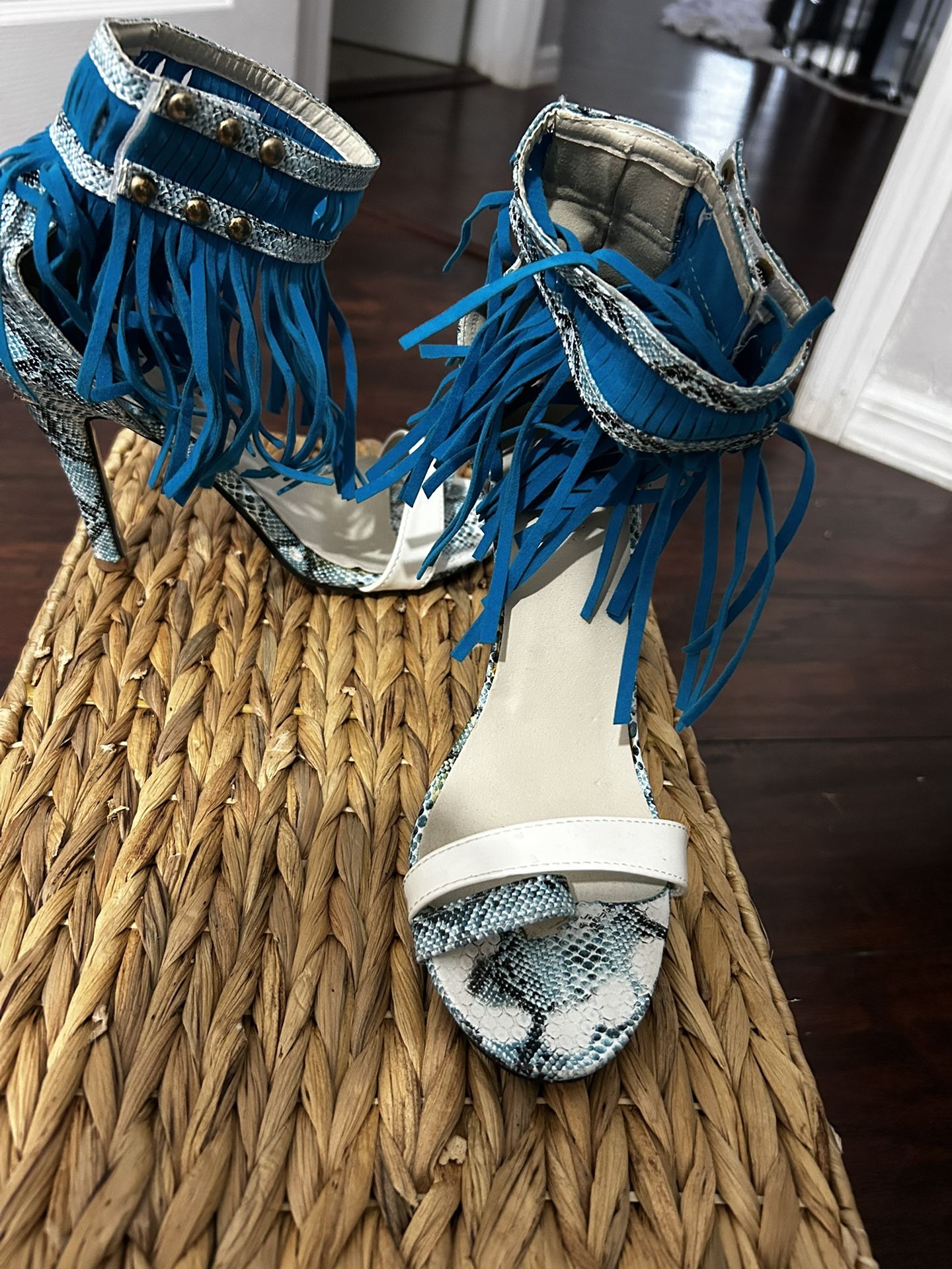 Teal Blue Fringe Leopard Heel