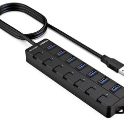 NEW 7 Port USB 3.0 Hub, USB Splitter with Individual On/Off Switches and Lights, 4ft/1.2m