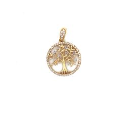 14K Gold Cz Circle Tree Pendant