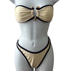 SEAMOLLY Crystal Cream Ruched U-ring Metal Tie Back Bikini Women’s Small NWT