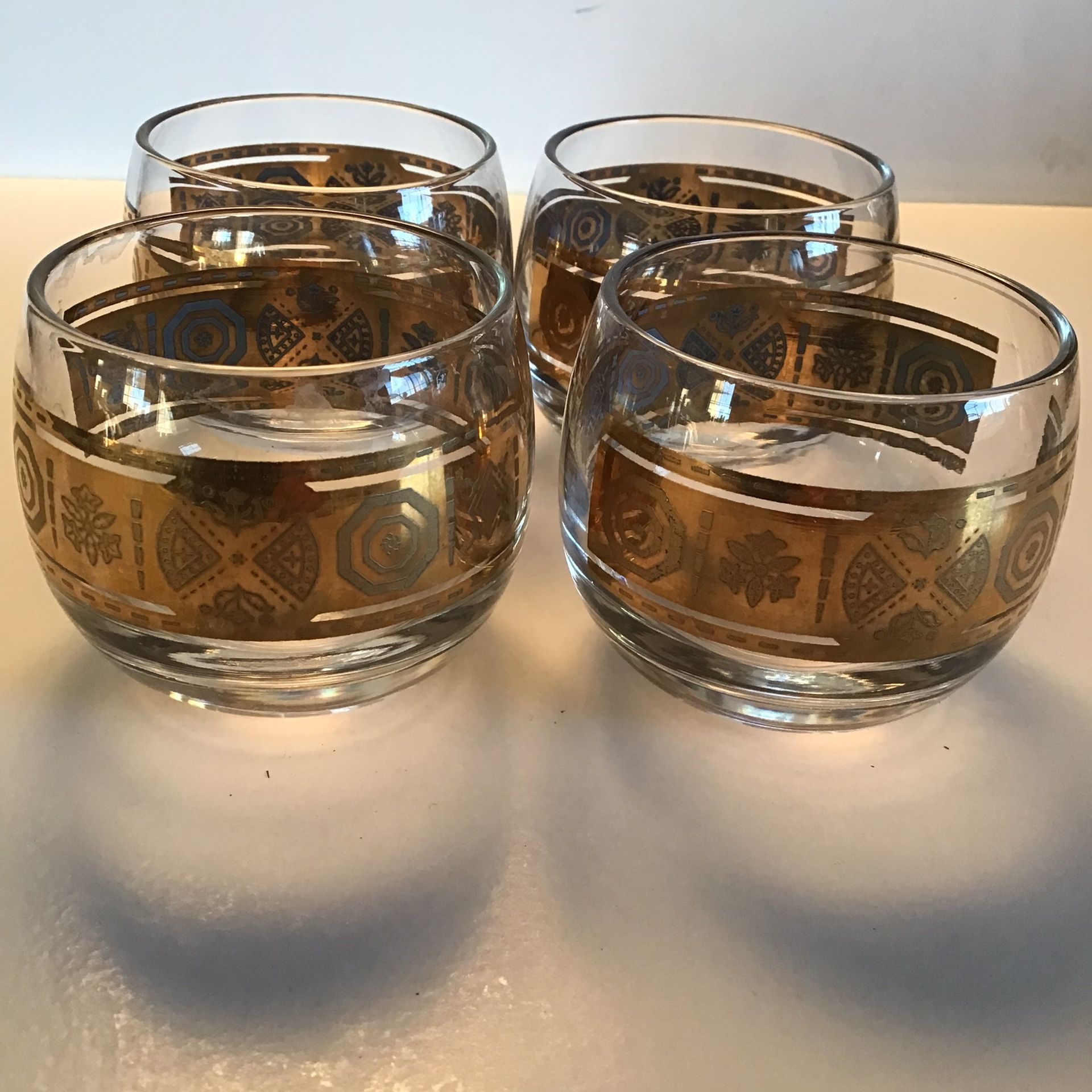 Vintage Retro MCM Gold Etched Rolly Polly Cocktail Glasses (Set of 4)