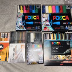 Lot Of 6 POSCA MONTANA MOLOTOW ONE4ALL ACRYLIC PAINT MARKERS - 38 MARKERS TOTAL