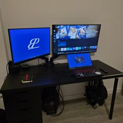 2 Monitors with Dual Arms, Desk and Gaming Chair
