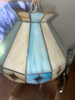Vtg Tiffany Style Stained Slag Glass Hanging Pendant Chandelier Lamp Blue Cream